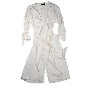 JOH Womens Tie Sleeve Cuff Wrap Belted Collared Jumpsuit Wide Leg Off White M